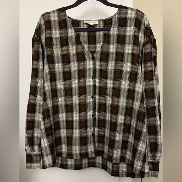 NWT Treasure & Bond Plaid V-Neck Button-Up Shirt Brown Ivory Plaid Long Sleeve L - Picture 6 of 13